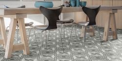 Tile patterned vinyl flooring in a kitchen under a wooden dining table